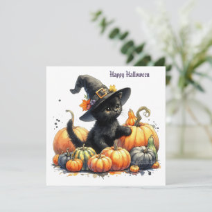 Cartes Pour Fêtes Annuelles Chaton noir d'Halloween avec citrouilles et chapea