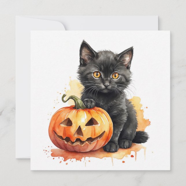 Cartes Pour Fêtes Annuelles Chaton noir Halloween aquarelle et citrouille  (Devant)