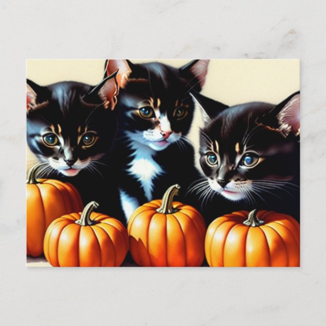 Cartes Pour Fêtes Annuelles Chatons d'automne avec Citrouille (Devant)