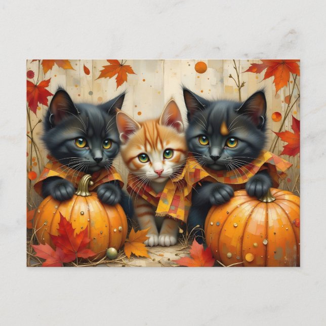 Cartes Pour Fêtes Annuelles Chatons d'automne Citrouilles et feuillage (Devant)