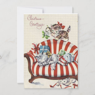 Cartes Pour Fêtes Annuelles Chatons De Noël Vintage Avec Cadeaux Sur Canapé