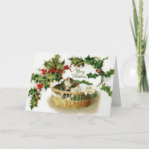 Cartes Pour Fêtes Annuelles Chatons de Noël Vintage en Panier, Berry Holly