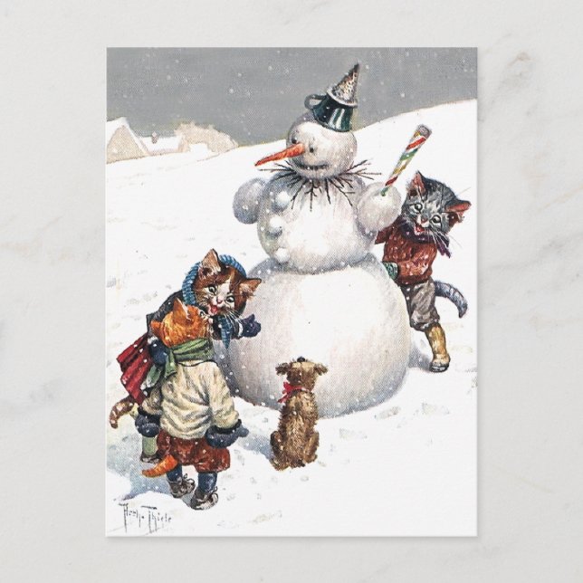 Cartes Pour Fêtes Annuelles Chats adorables construisant un bonhomme de neige (Devant)