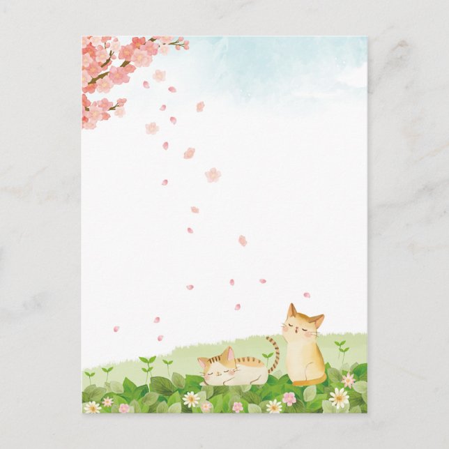 Cartes Pour Fêtes Annuelles Chats amusants chantant sous les fleurs de cerisie (Devant)