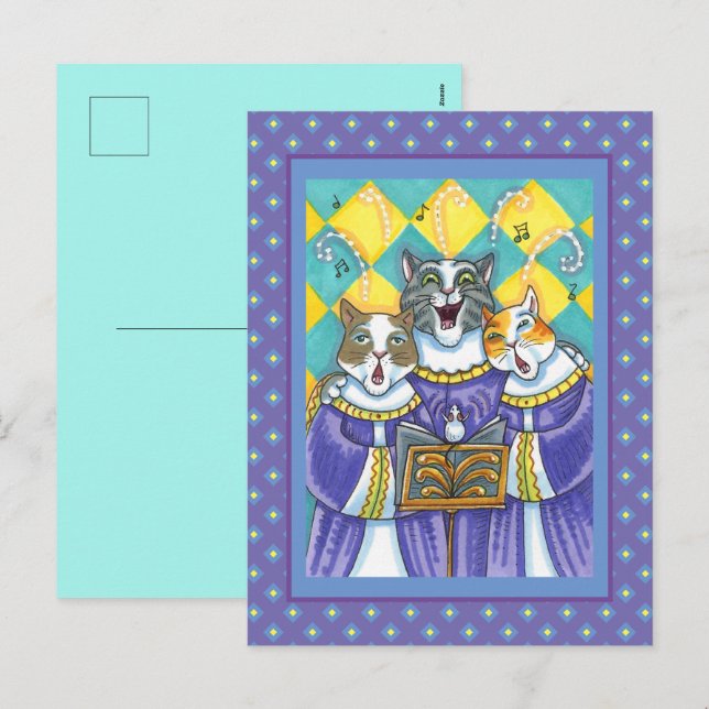 CARTES POUR FÊTES ANNUELLES CHATS CHOIR ÉGLISE & SOURIS CHANTER CAROLS DE NOËL (Devant / Derrière)