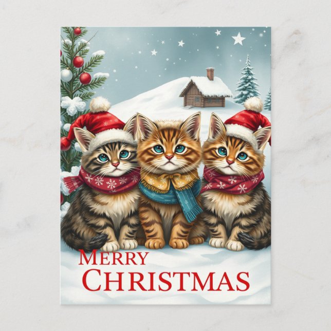 Cartes Pour Fêtes Annuelles Chats dans l'attirail hivernal Preppy et Noël Casq (Devant)