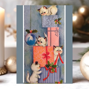 Cartes Pour Fêtes Annuelles Chats de Noël vintage jouant avec des cadeaux