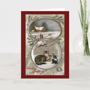 Cartes Pour Fêtes Annuelles Chats par année vintage de neige nouvelle