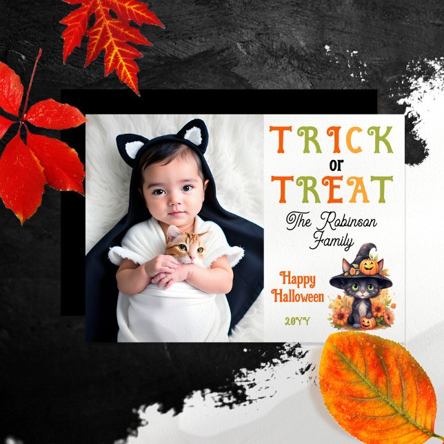 Cartes Pour Fêtes Annuelles Chatte Chat Sorcière Casquette Photo Trick or Trea (Cute Halloween Family Photo Greeting Card "Trick or Treat" Black Cat in a Witches Hat )