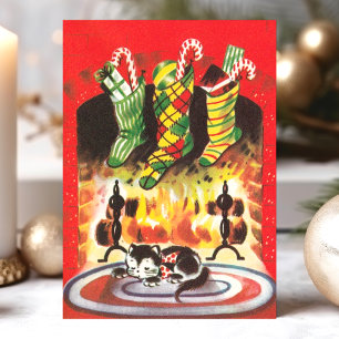 Cartes Pour Fêtes Annuelles Chaussettes de chat de Noël vintage cheminée