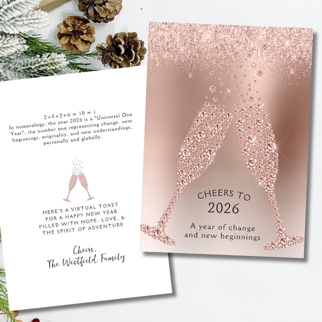 Cartes Pour Fêtes Annuelles Cheers to 2026 Year of Change New Year (Cheers to 2026 Year of Change Rose Gold New Year Holiday Flat Card)
