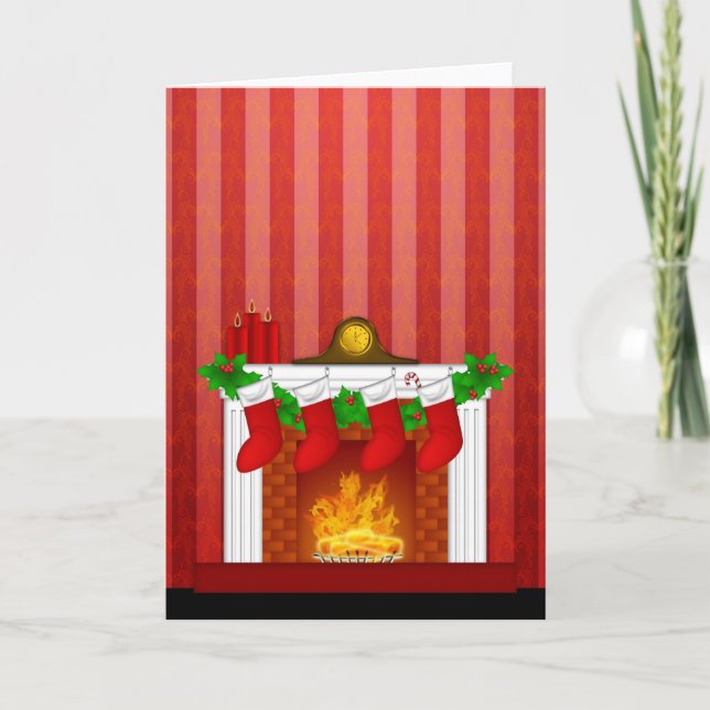 Cartes Pour Fêtes Annuelles Cheminée avec Décorations de Noël Papier peint rou (Devant)