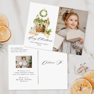 Cartes Pour Fêtes Annuelles Cheminée Boho Aquarelle Avec Verdure 2 Photo