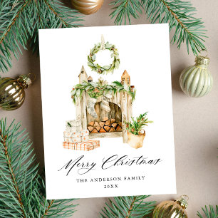 Cartes Pour Fêtes Annuelles Cheminée Boho Aquarelle Avec Verdure Non Photo