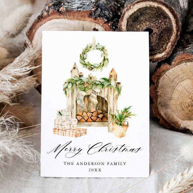 Cartes Pour Fêtes Annuelles Cheminée Boho Aquarelle Avec Verdure Non Photo (Créateur téléchargé)