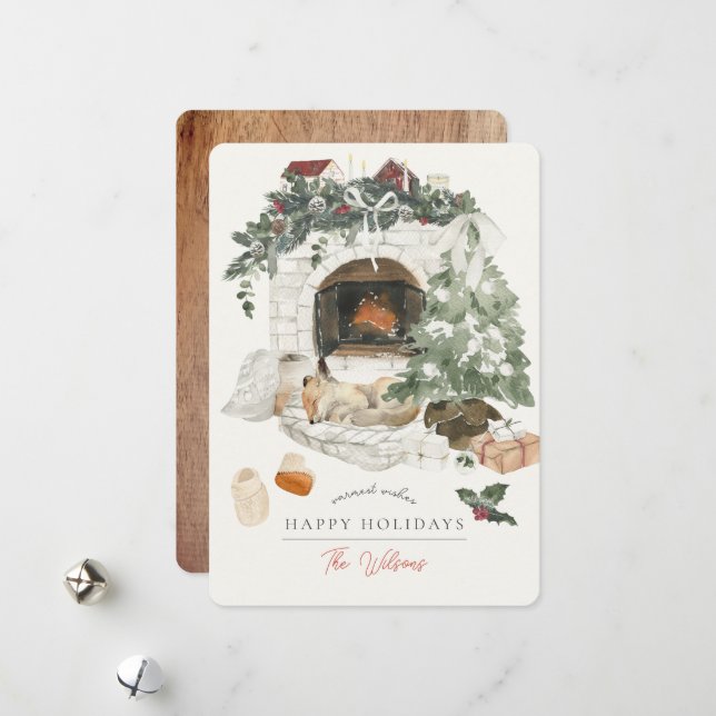 Cartes Pour Fêtes Annuelles Cheminée confortable Arbre de Noël Fox Aquarelle (Devant/Arrière en situation)