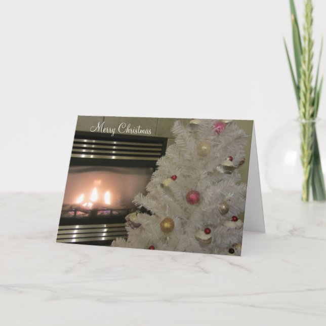 Cartes Pour Fêtes Annuelles Cheminée confortable et arbre de Noël blanc (Devant)