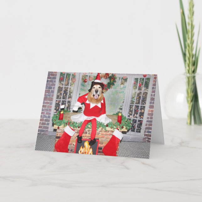 Cartes Pour Fêtes Annuelles Cheminée Golden Retriever Elfe de Noël (Devant)
