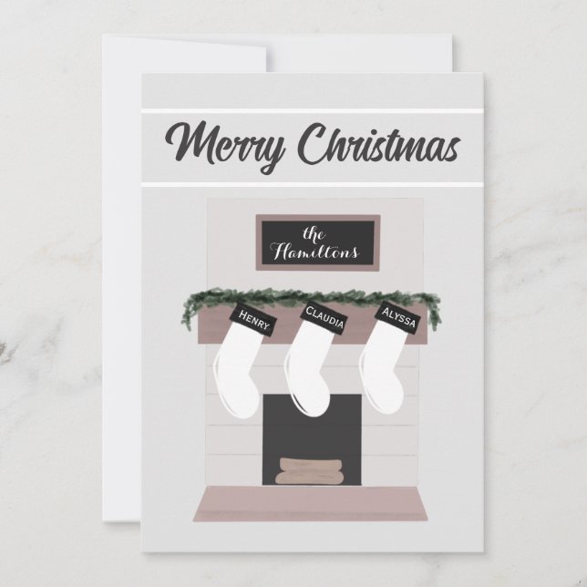 Cartes Pour Fêtes Annuelles Cheminée personnalisée Famille Chausson de Noël (Devant)