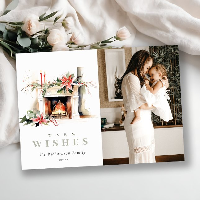 Cartes Pour Fêtes Annuelles Cheminée Poinsettia Chaleureux voeux de Noël Photo (Créateur téléchargé)