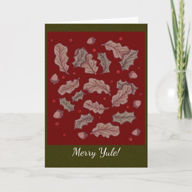 Cartes Pour Fêtes Annuelles Chêne et holly Solstice Yule Rouge et vert (Devant)