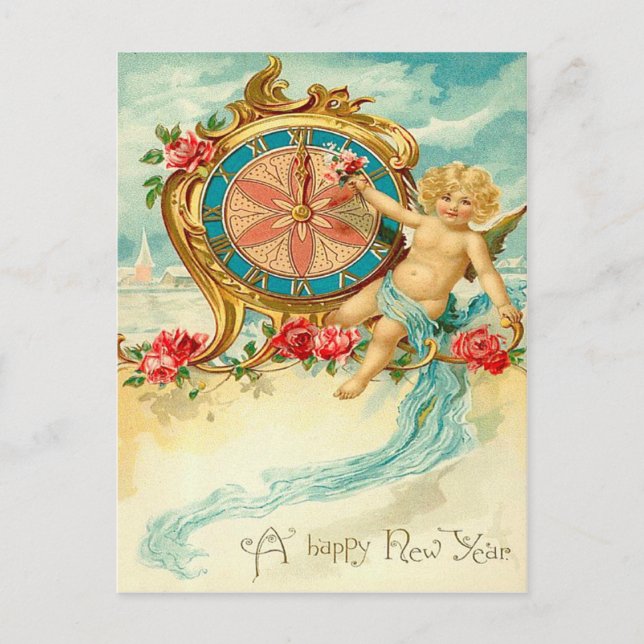 Cartes Pour Fêtes Annuelles Cherub Angel Horloge Rose Nouvel An (Devant)