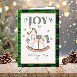 Cartes Pour Fêtes Annuelles Cheval à Bascule Vintage Vert Carreaux Cadeau de F