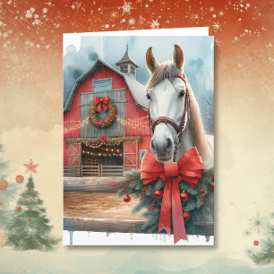 Cartes Pour Fêtes Annuelles Cheval blanc aquarelle et Noël ferme festive