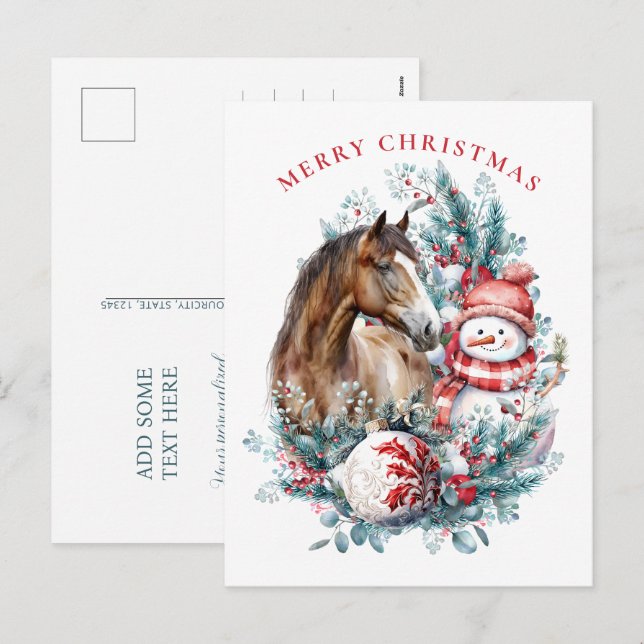 Cartes Pour Fêtes Annuelles Cheval bonhomme de neige aquarelle de Noël élégant (Devant / Derrière)