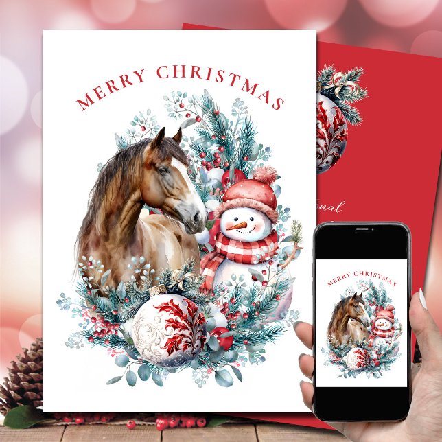 Cartes Pour Fêtes Annuelles Cheval bonhomme de neige aquarelle de Noël élégant (Horse snowman Christmas card)