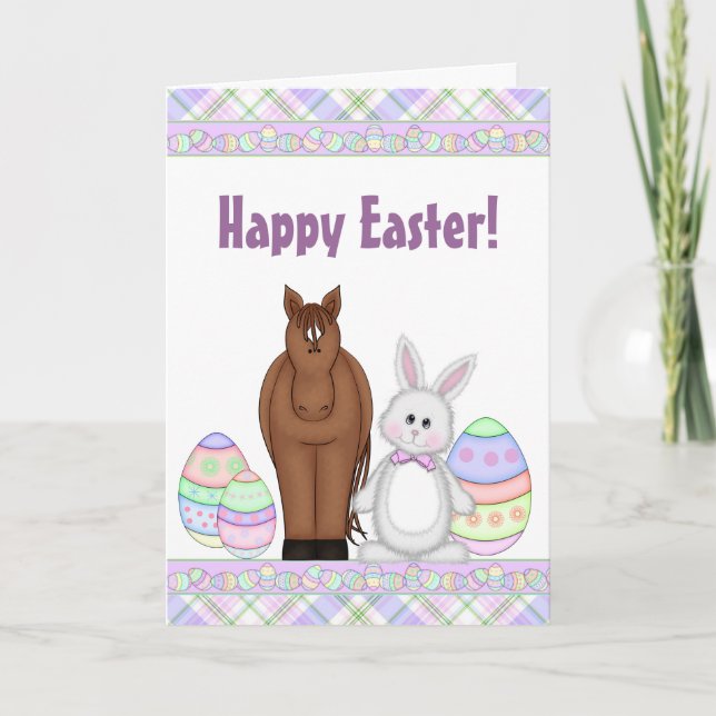 Cartes Pour Fêtes Annuelles Cheval Brown, lapin blanc et oeufs Joyeuses Pâques (Devant)