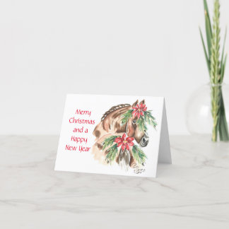 Cartes Pour Fêtes Annuelles Cheval brun avec poinsettia rouge sur la queue et