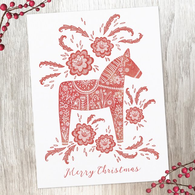 Cartes Pour Fêtes Annuelles Cheval de Dala suédois (Swedish Dala Horse red and white Christmas holiday postcard)