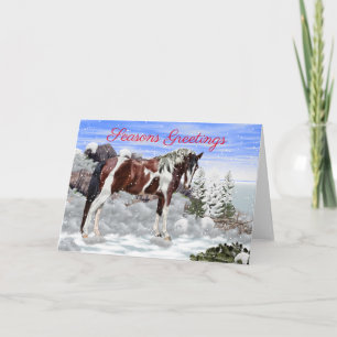 Cartes Pour Fêtes Annuelles Cheval de peinture Tobiano blanc et baie en neige