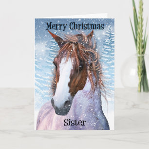 Cartes Pour Fêtes Annuelles Cheval Équitable Soeur Avec Arrière - plan D'Hiver