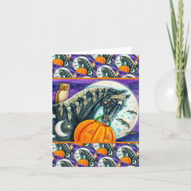 CARTES POUR FÊTES ANNUELLES CHEVAL MAGIQUE NOIR, OWL, JACK-O'-LANTERN & SKULLS (Devant)