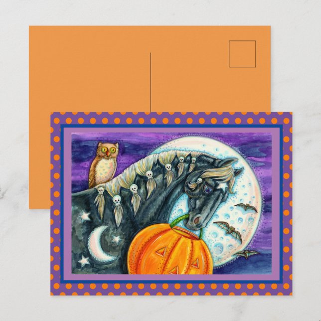 CARTES POUR FÊTES ANNUELLES CHEVAL MAGIQUE NOIR, OWL, JACK-O'-LANTERN & SKULLS (Devant / Derrière)