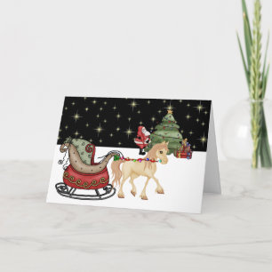Cartes Pour Fêtes Annuelles Cheval mignon, traîneau et Père Noël livrant des c