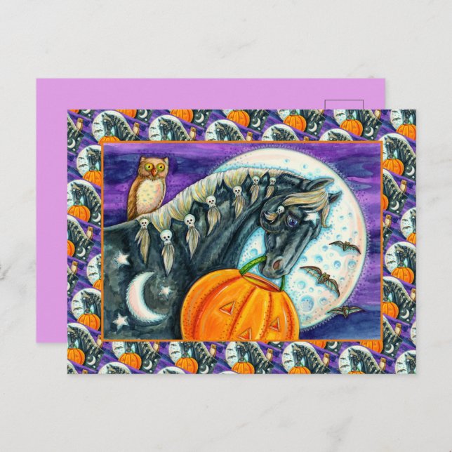 CARTES POUR FÊTES ANNUELLES CHEVAL NOIR, OWL, HALLOWEEN SKULLS JACK-O'-LANTERN (Devant / Derrière)