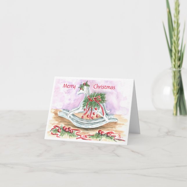 Cartes Pour Fêtes Annuelles Cheval rocheux avec ampoules rouges de Noël (Devant)