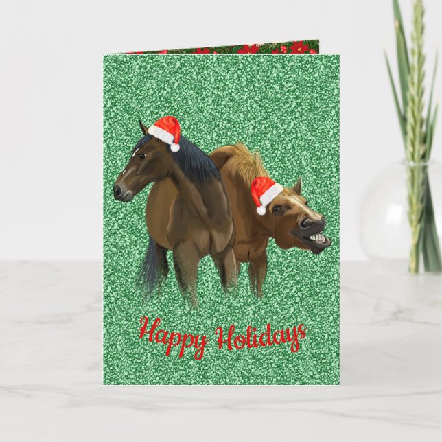 Cartes Pour Fêtes Annuelles Chevaux amusants portant le chapeau de Noël (Devant)