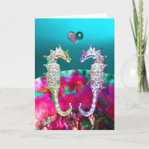 Cartes Pour Fêtes Annuelles CHEVAUX DE MER EN AMOUR, NACRE ROSE BLEU, Saint-Va