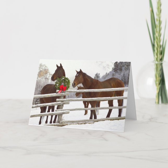 Cartes Pour Fêtes Annuelles Chevaux regardant sur la clôture dans la neige (Devant)