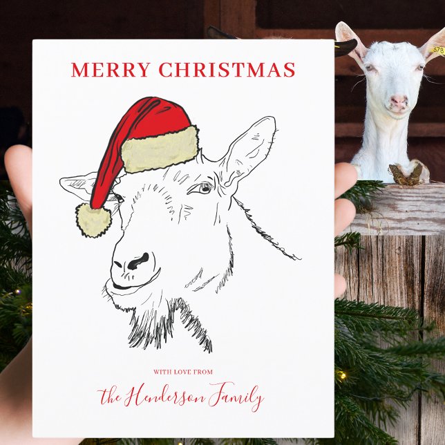 Cartes Pour Fêtes Annuelles Chèvre portant un chapeau de Père Noël illustratio (Merry Christmas goat wearing a santa hat custom holiday greetings postcard simple farm animal art)