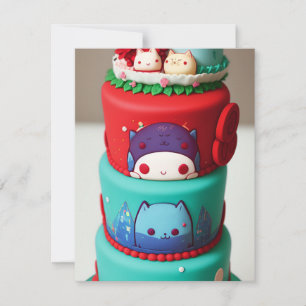 Cartes Pour Fêtes Annuelles Chibi kitty chat voix vert rouge gâteau d'annivers