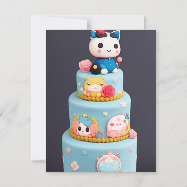 Cartes Pour Fêtes Annuelles Chibi mignon chatte chat bleu jaune gâteau d'anniv (Devant)