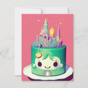 Cartes Pour Fêtes Annuelles Chibi mignon gâteau d'anniversaire château vert