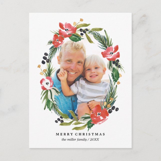 Cartes Pour Fêtes Annuelles Chic Aquarelle Florale Oval Photo de vacances (Devant)