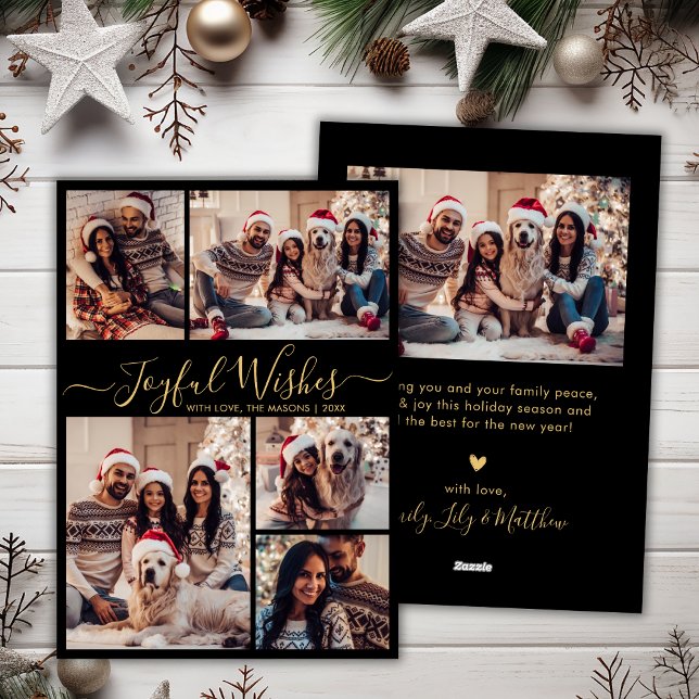 Cartes Pour Fêtes Annuelles Chic Black Gold Joyful Wings Script 5 Photo (Créateur téléchargé)