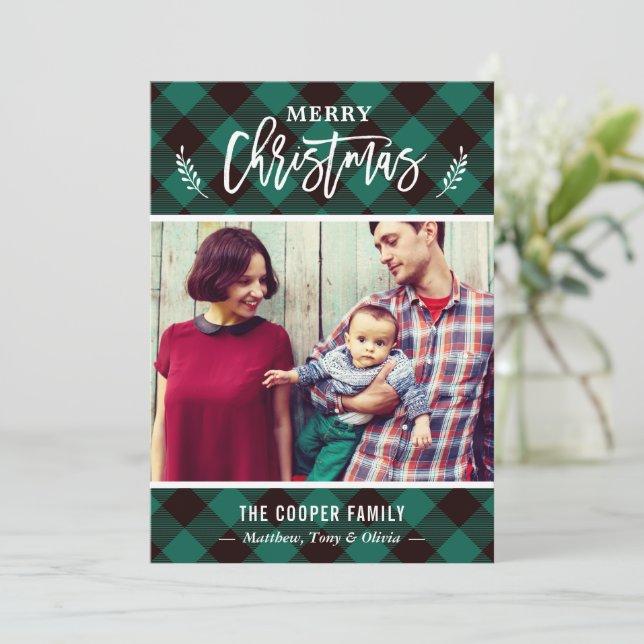 Cartes Pour Fêtes Annuelles Chic Buffalo vert Plaid Joyeux Noël Photo (Debout devant)